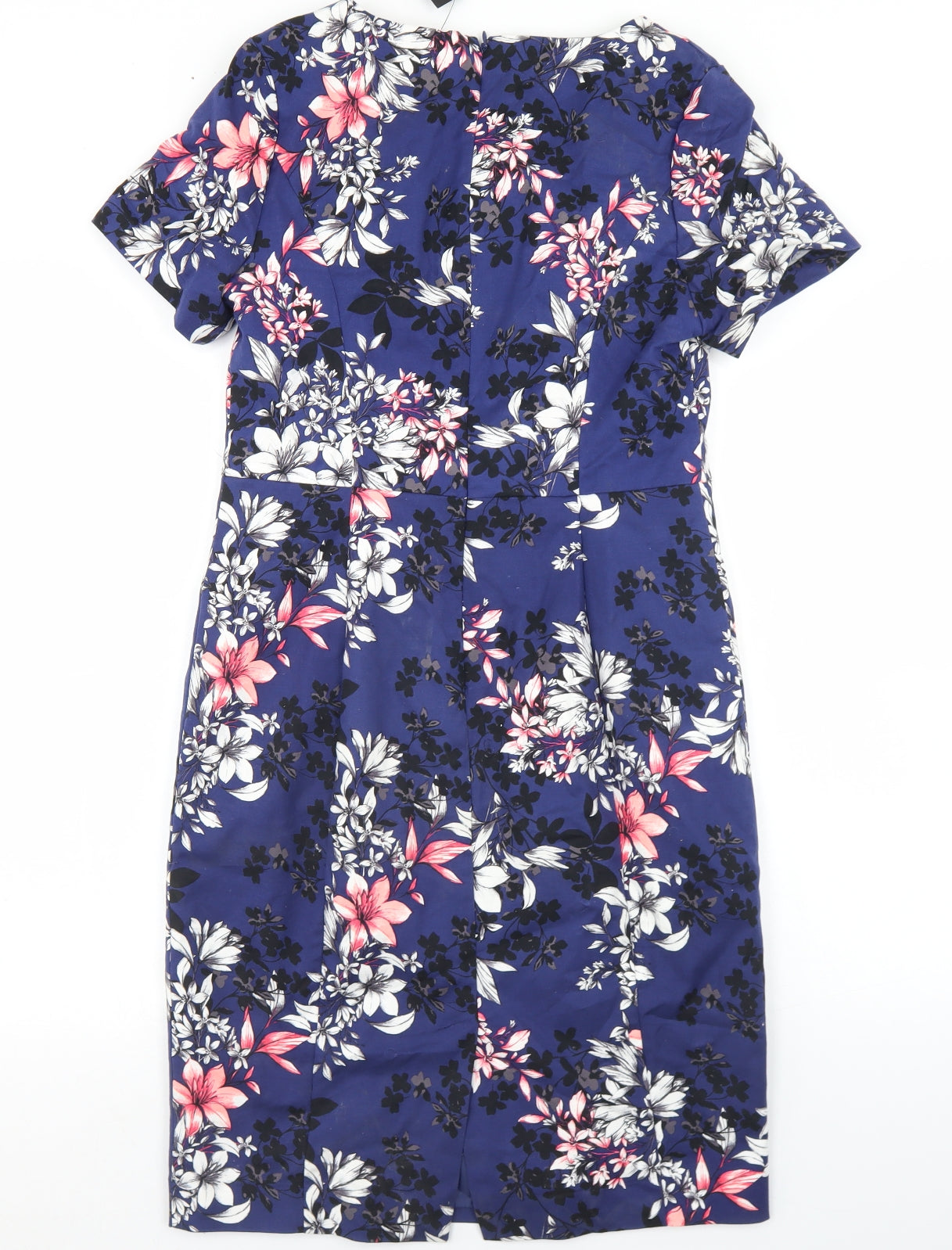 New Look Womens Blue Floral Cotton Pencil Dress  Size 12  Round Neck Zip