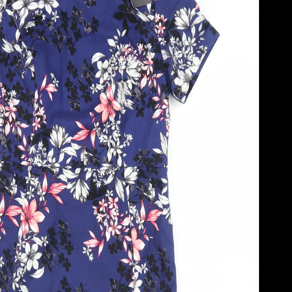 New Look Womens Blue Floral Cotton Pencil Dress  Size 12  Round Neck Zip