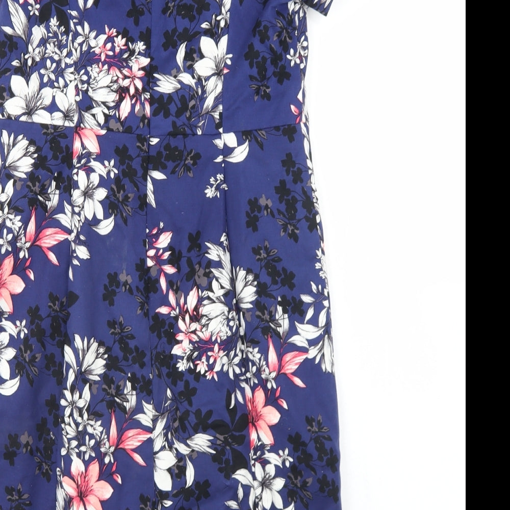 New Look Womens Blue Floral Cotton Pencil Dress  Size 12  Round Neck Zip