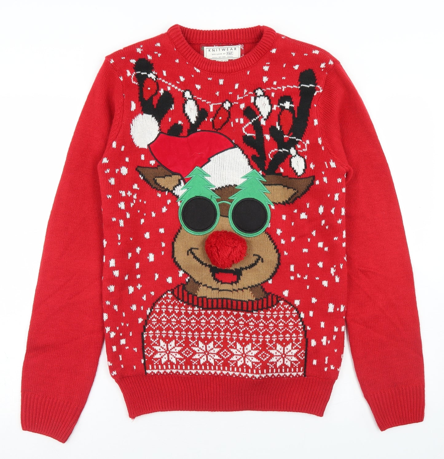 F&F Mens Red Crew Neck  Acrylic Pullover Jumper Size XS   - Light up Christmas Jumper