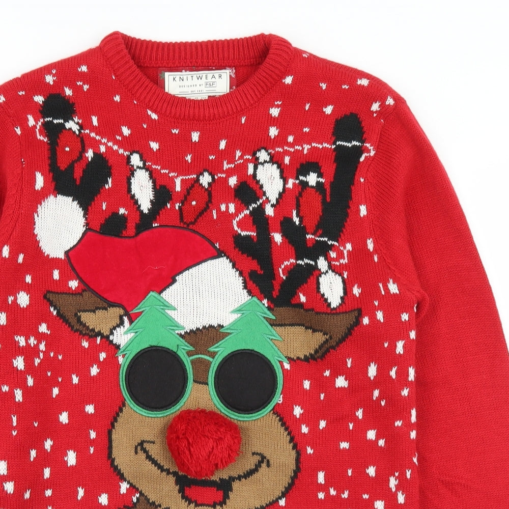 F&F Mens Red Crew Neck  Acrylic Pullover Jumper Size XS   - Light up Christmas Jumper