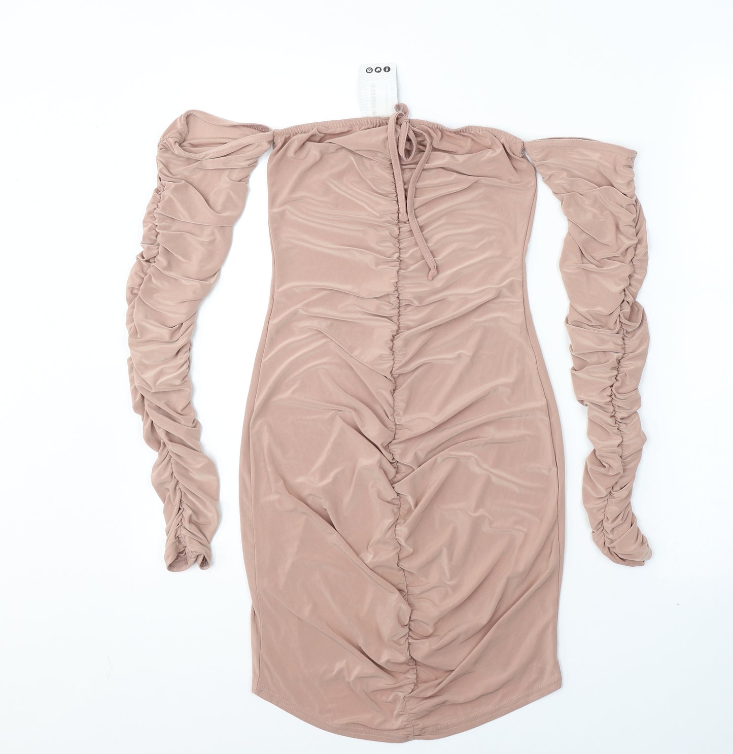 Boohoo Womens Beige  Polyester Bodycon  Size 10  Off the Shoulder Pullover - Cold shoulder