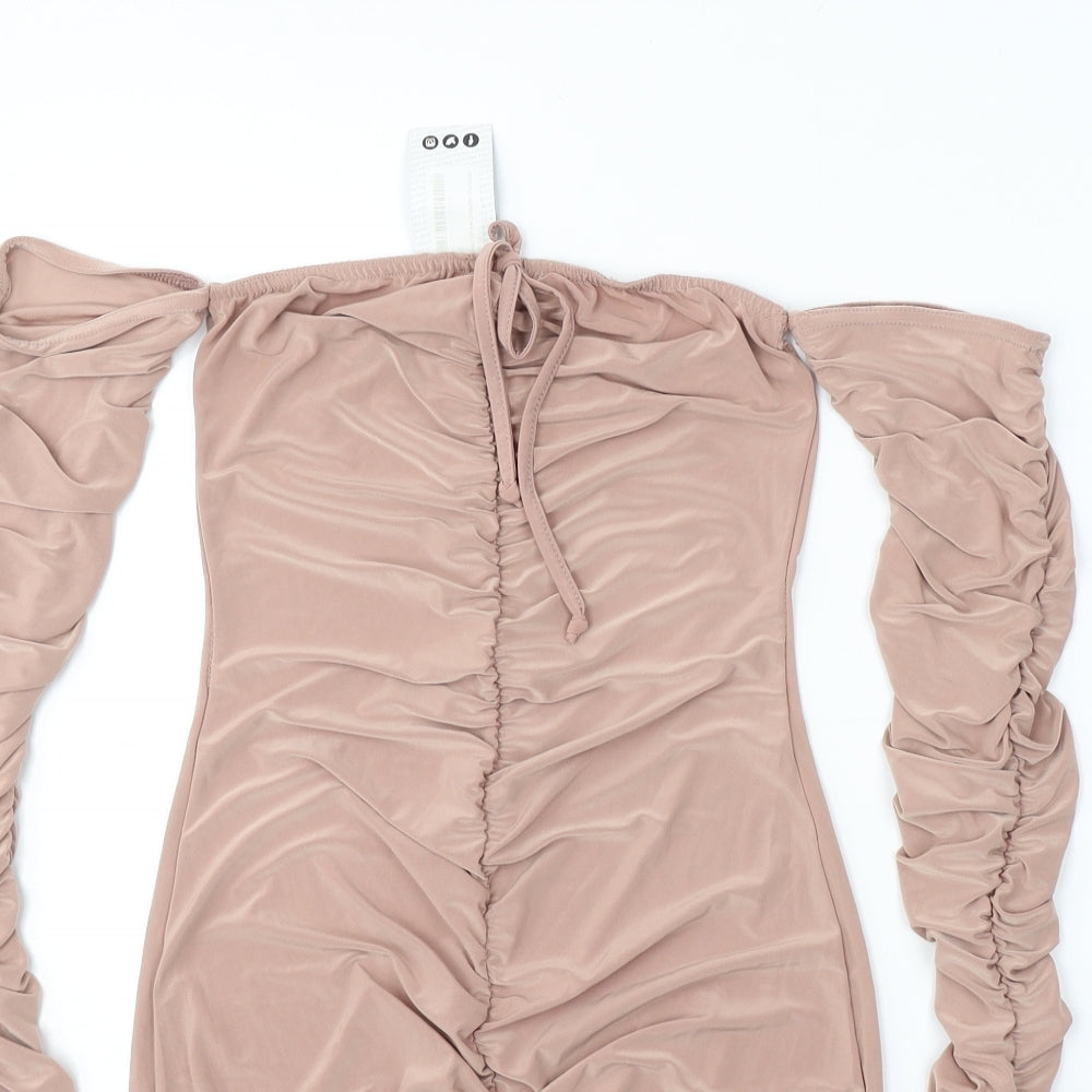 Boohoo Womens Beige  Polyester Bodycon  Size 10  Off the Shoulder Pullover - Cold shoulder