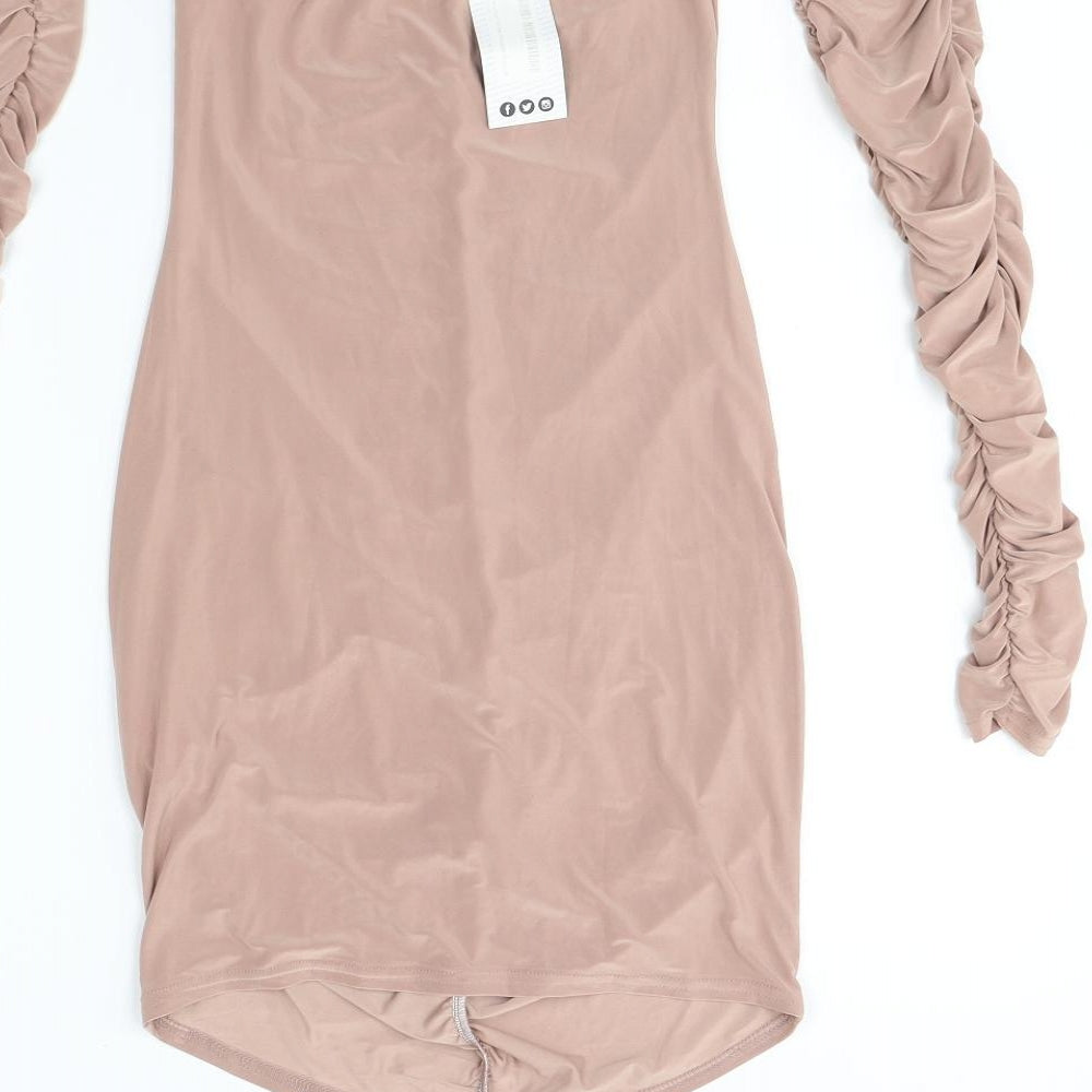 Boohoo Womens Beige  Polyester Bodycon  Size 10  Off the Shoulder Pullover - Cold shoulder