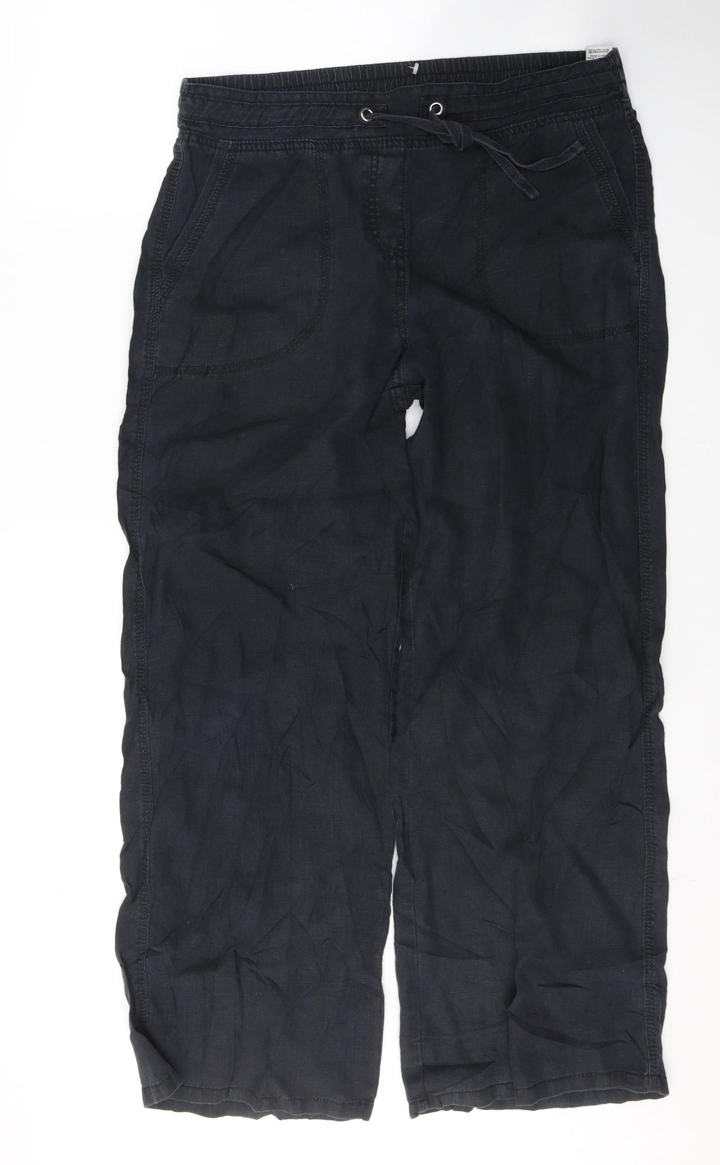 Marks and Spencer Womens Black  Linen Trousers  Size 14 L29 in Regular Tie