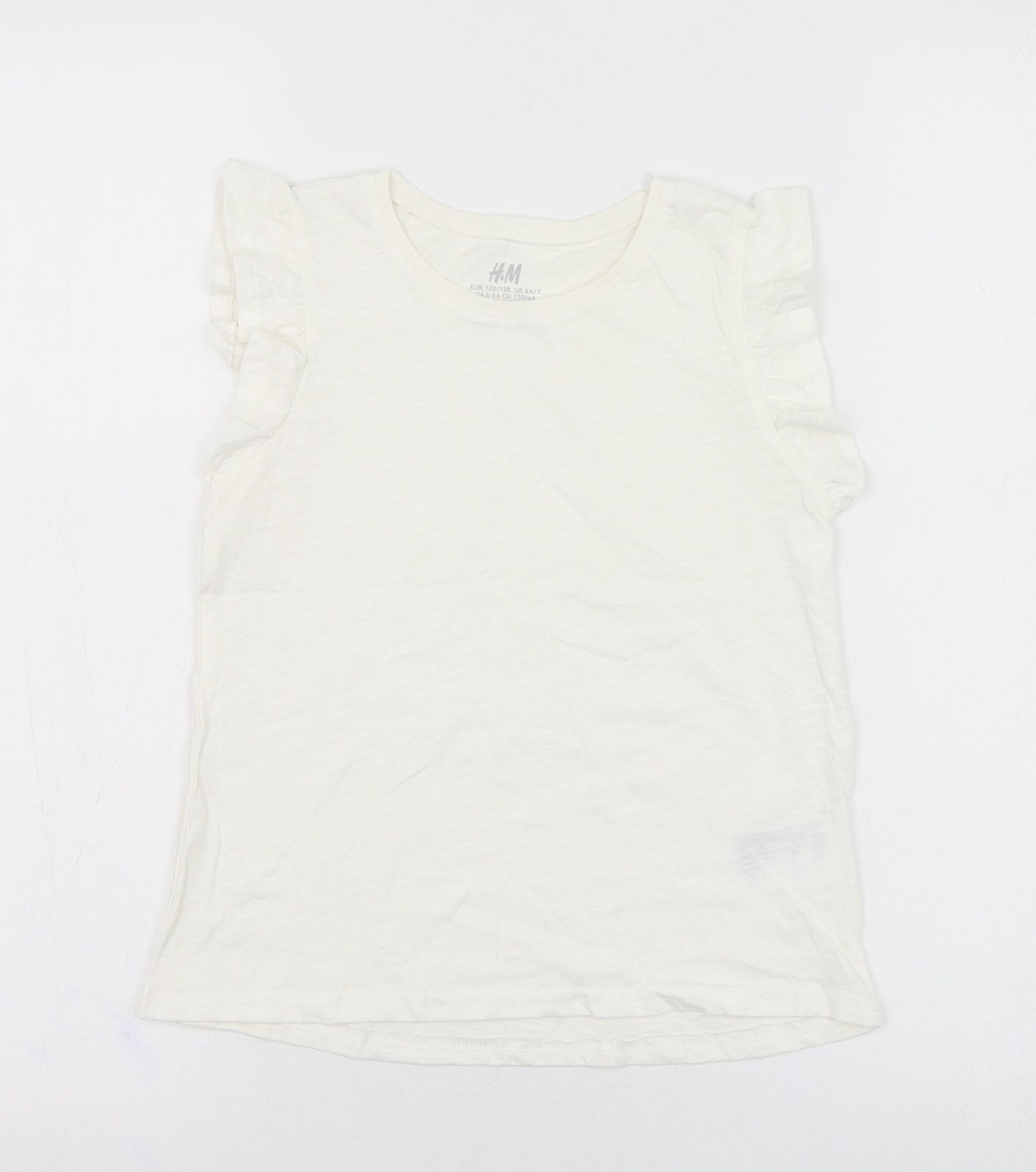 H&M Girls Ivory  Cotton Basic T-Shirt Size 7-8 Years Round Neck Pullover - Ruffle sleeve