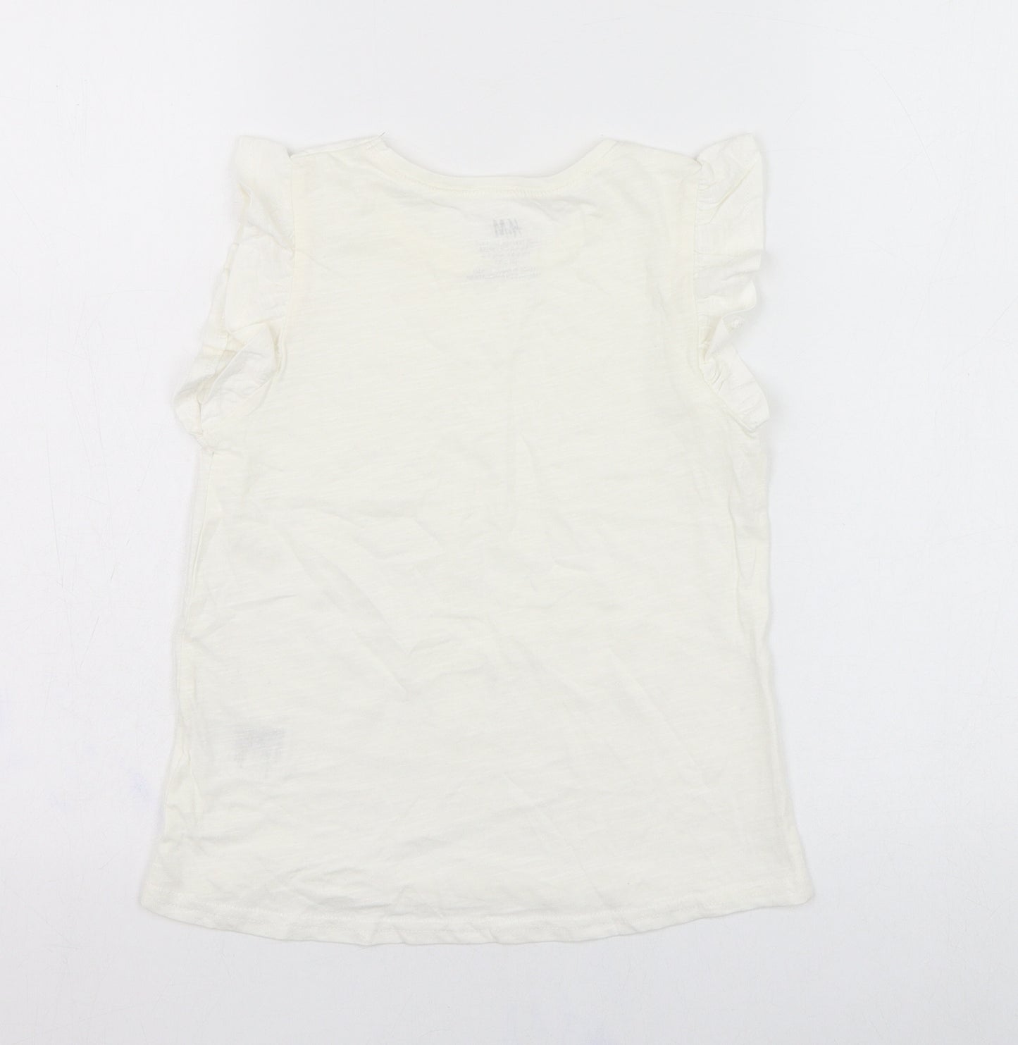H&M Girls Ivory  Cotton Basic T-Shirt Size 7-8 Years Round Neck Pullover - Ruffle sleeve