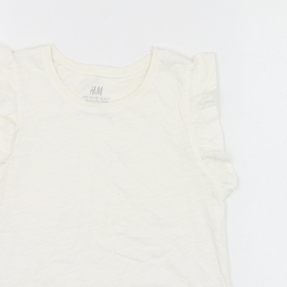 H&M Girls Ivory  Cotton Basic T-Shirt Size 7-8 Years Round Neck Pullover - Ruffle sleeve