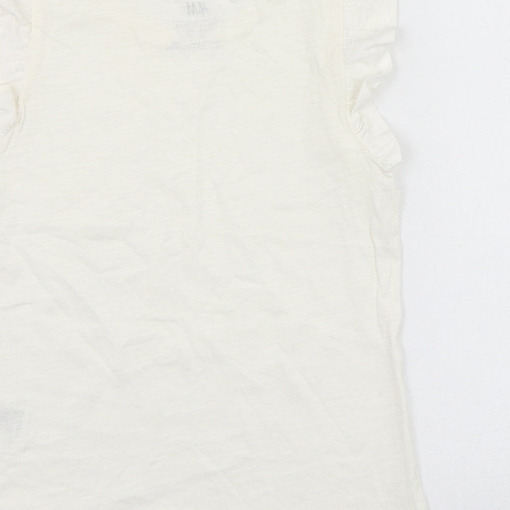 H&M Girls Ivory  Cotton Basic T-Shirt Size 7-8 Years Round Neck Pullover - Ruffle sleeve