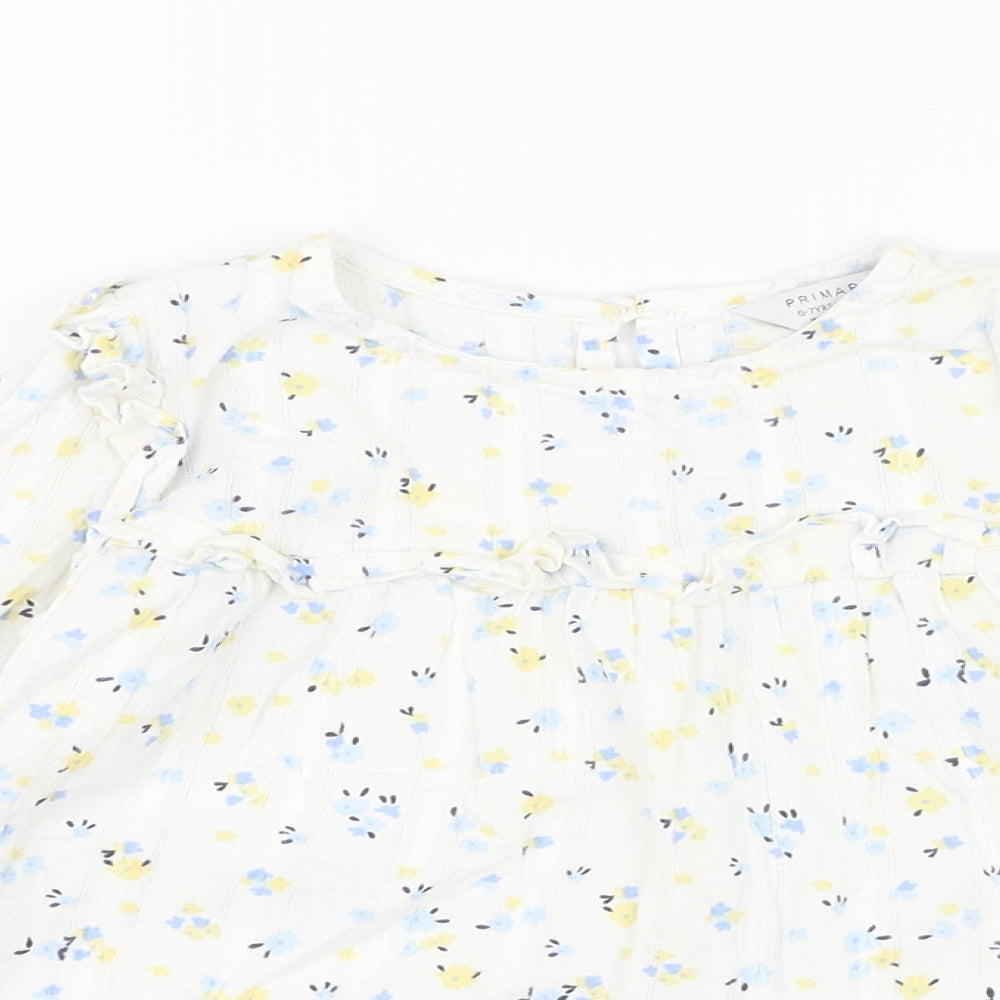 Primark Girls Ivory Floral Cotton Tunic Blouse Size 6-7 Years Round Neck Pullover