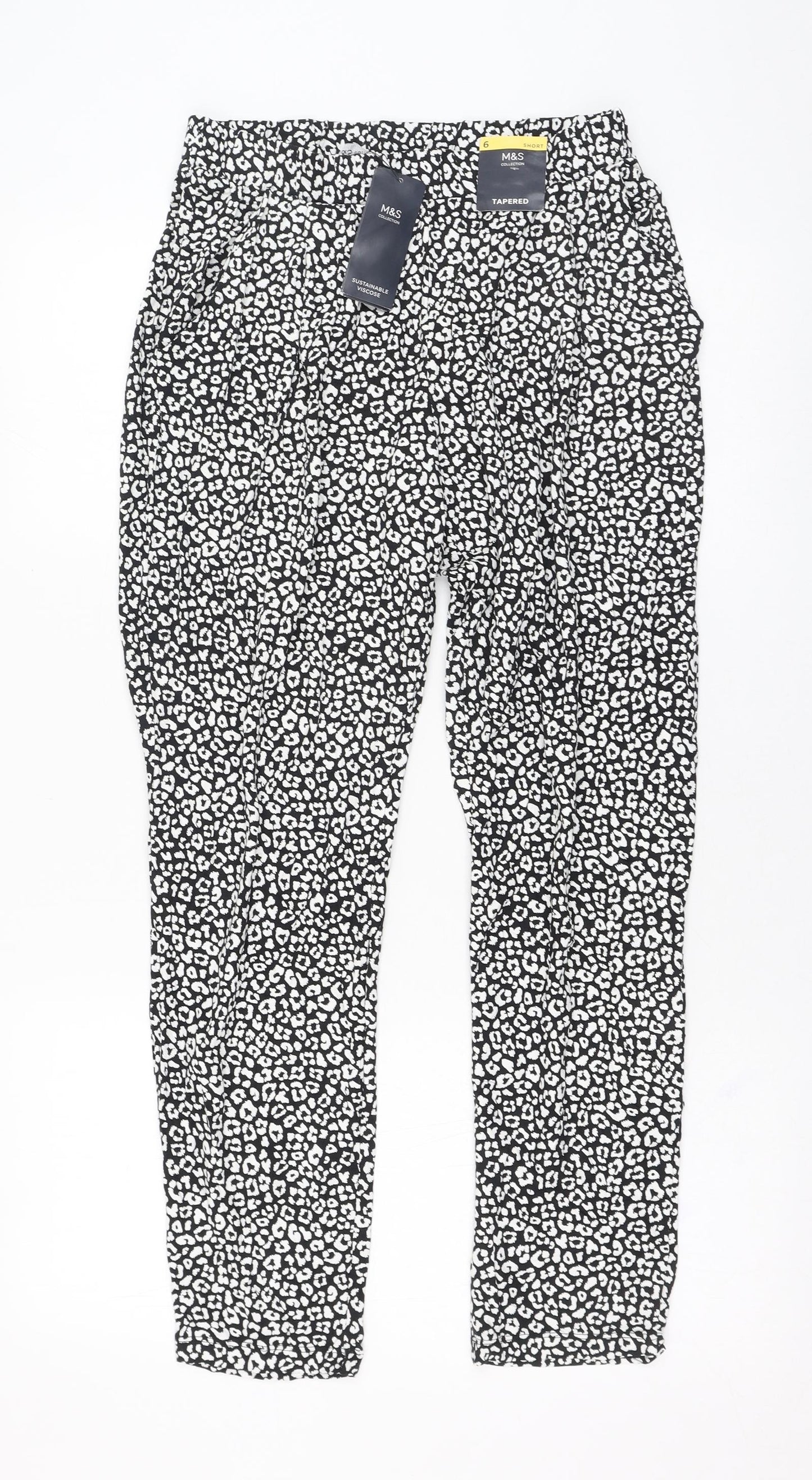 Marks and Spencer Womens Black Animal Print Viscose Carrot Trousers Size 6 L26 in Regular
