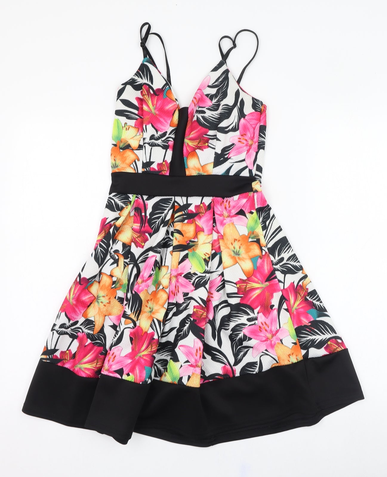 Quiz Womens Ivory Floral Polyester Skater Dress  Size 8  V-Neck Pullover