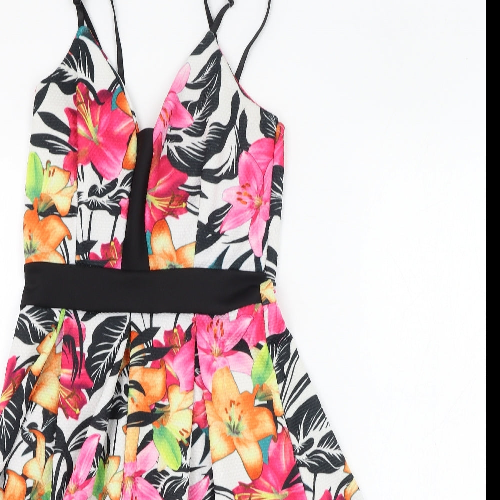 Quiz Womens Ivory Floral Polyester Skater Dress  Size 8  V-Neck Pullover