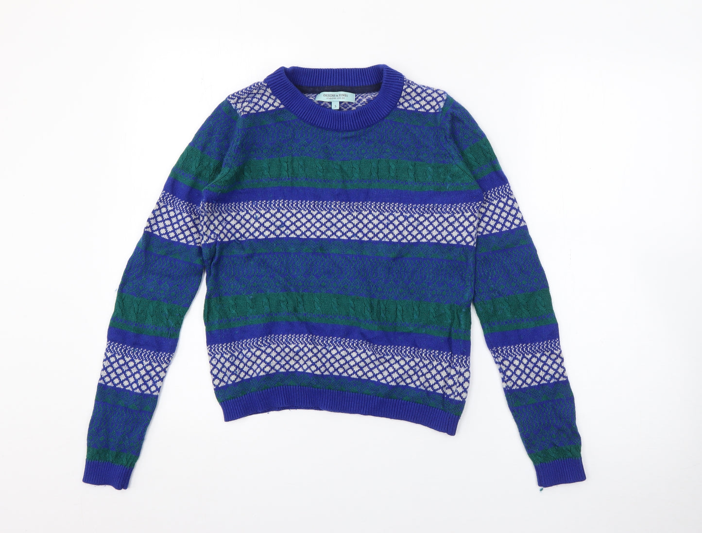 Dickins & Jones Womens Blue Crew Neck Fair Isle Nylon Pullover Jumper Size S