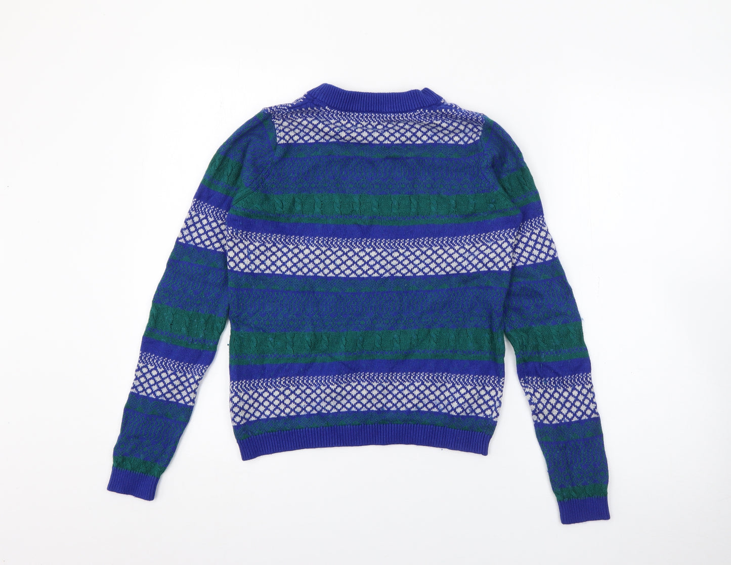 Dickins & Jones Womens Blue Crew Neck Fair Isle Nylon Pullover Jumper Size S