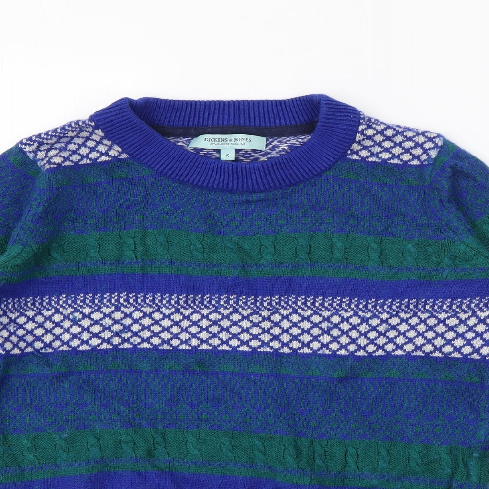 Dickins & Jones Womens Blue Crew Neck Fair Isle Nylon Pullover Jumper Size S