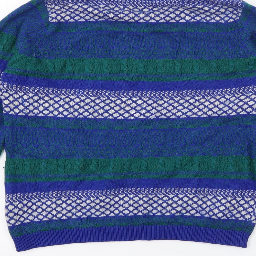 Dickins & Jones Womens Blue Crew Neck Fair Isle Nylon Pullover Jumper Size S