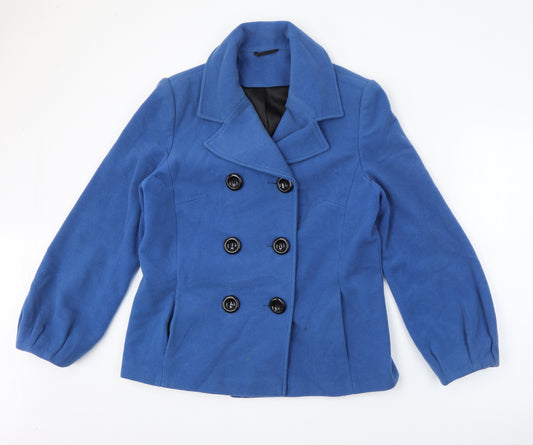Front view of M&Co women’s blue jacket coat, size UK 14, button