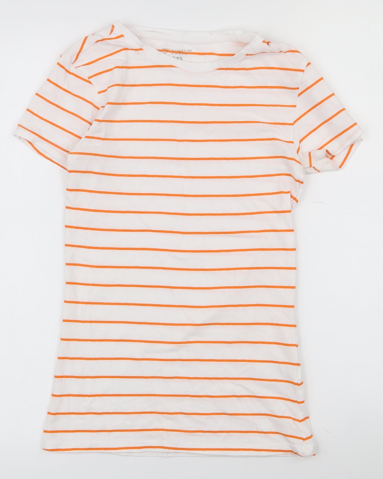 Primark Womens White Striped Cotton Basic T-Shirt Size 2XS Round Neck
