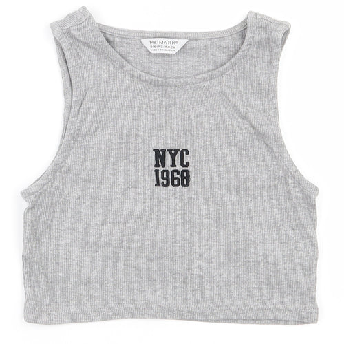 Primark Girls Grey  Cotton Cropped Tank Size 9-10 Years Round Neck Pullover