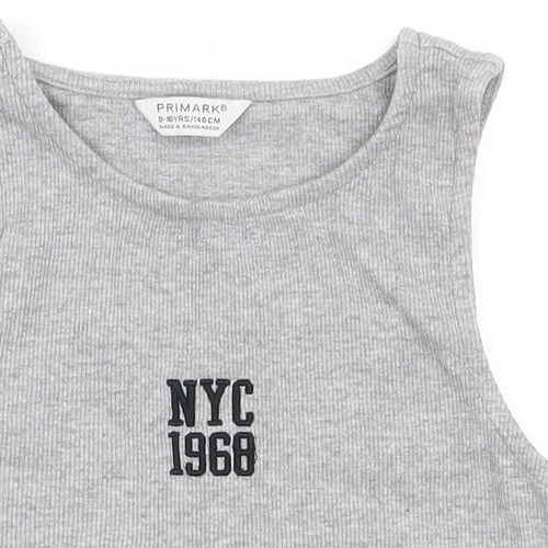 Primark Girls Grey  Cotton Cropped Tank Size 9-10 Years Round Neck Pullover