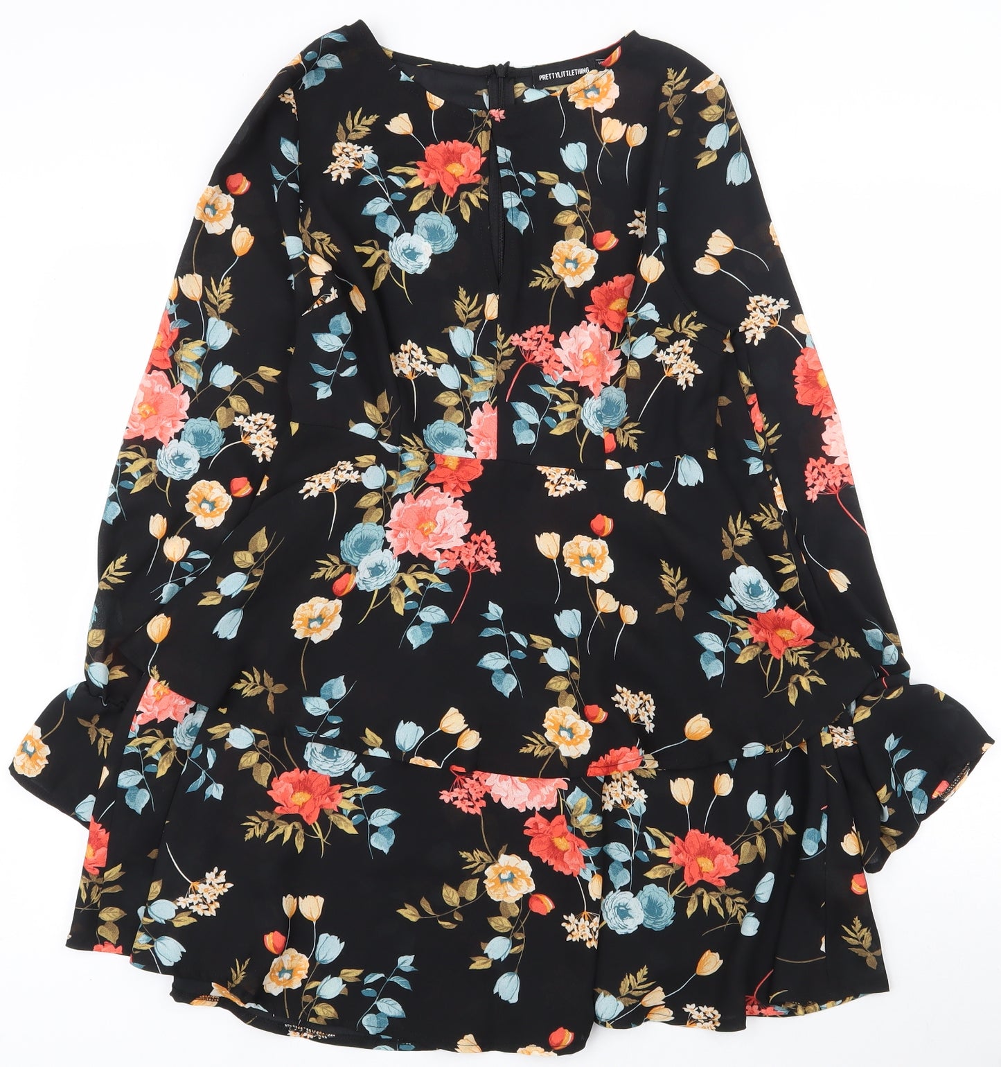PRETTYLITTLETHING Womens Black Floral Polyester Tunic Blouse Size 10 Round Neck