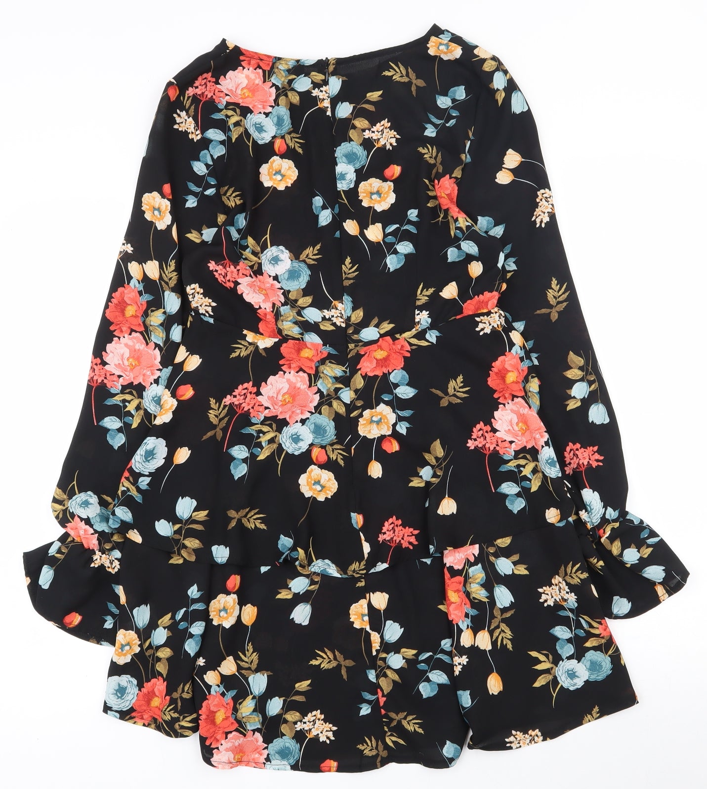 PRETTYLITTLETHING Womens Black Floral Polyester Tunic Blouse Size 10 Round Neck