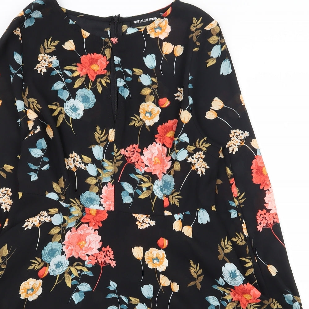 PRETTYLITTLETHING Womens Black Floral Polyester Tunic Blouse Size 10 Round Neck