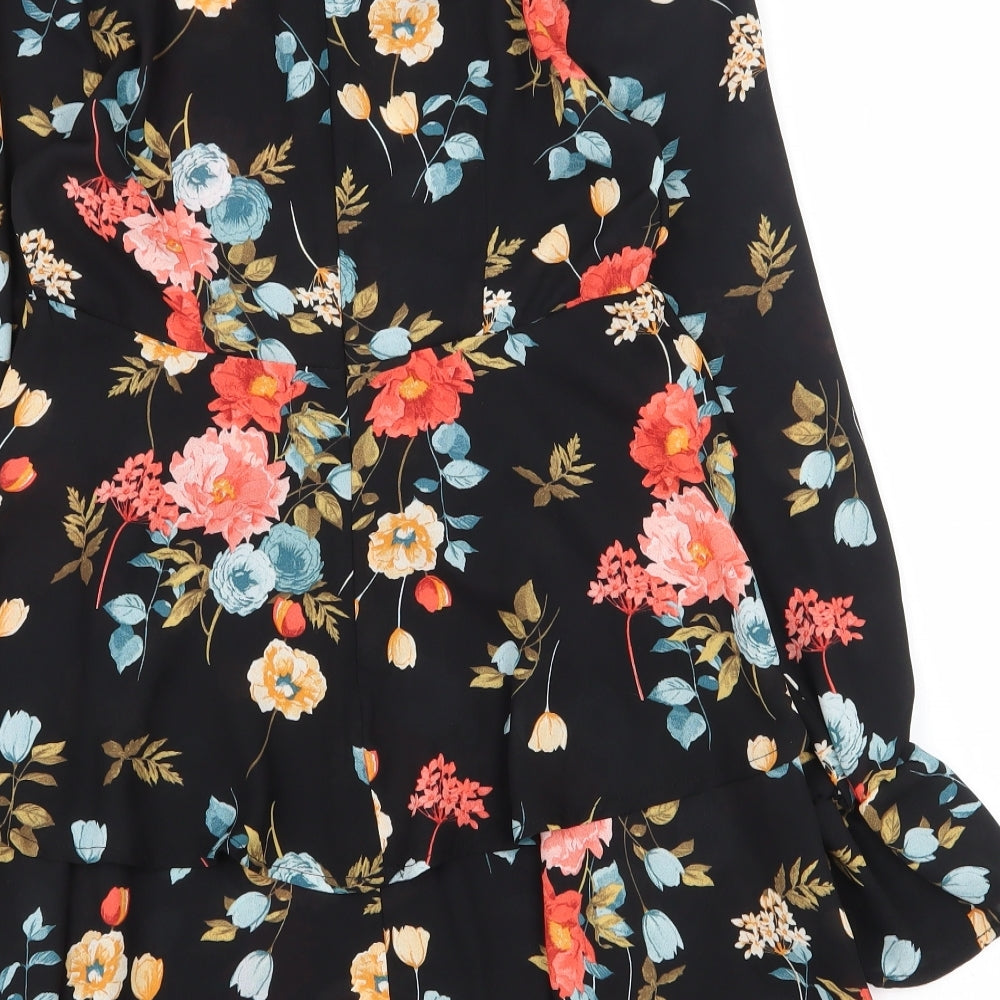 PRETTYLITTLETHING Womens Black Floral Polyester Tunic Blouse Size 10 Round Neck