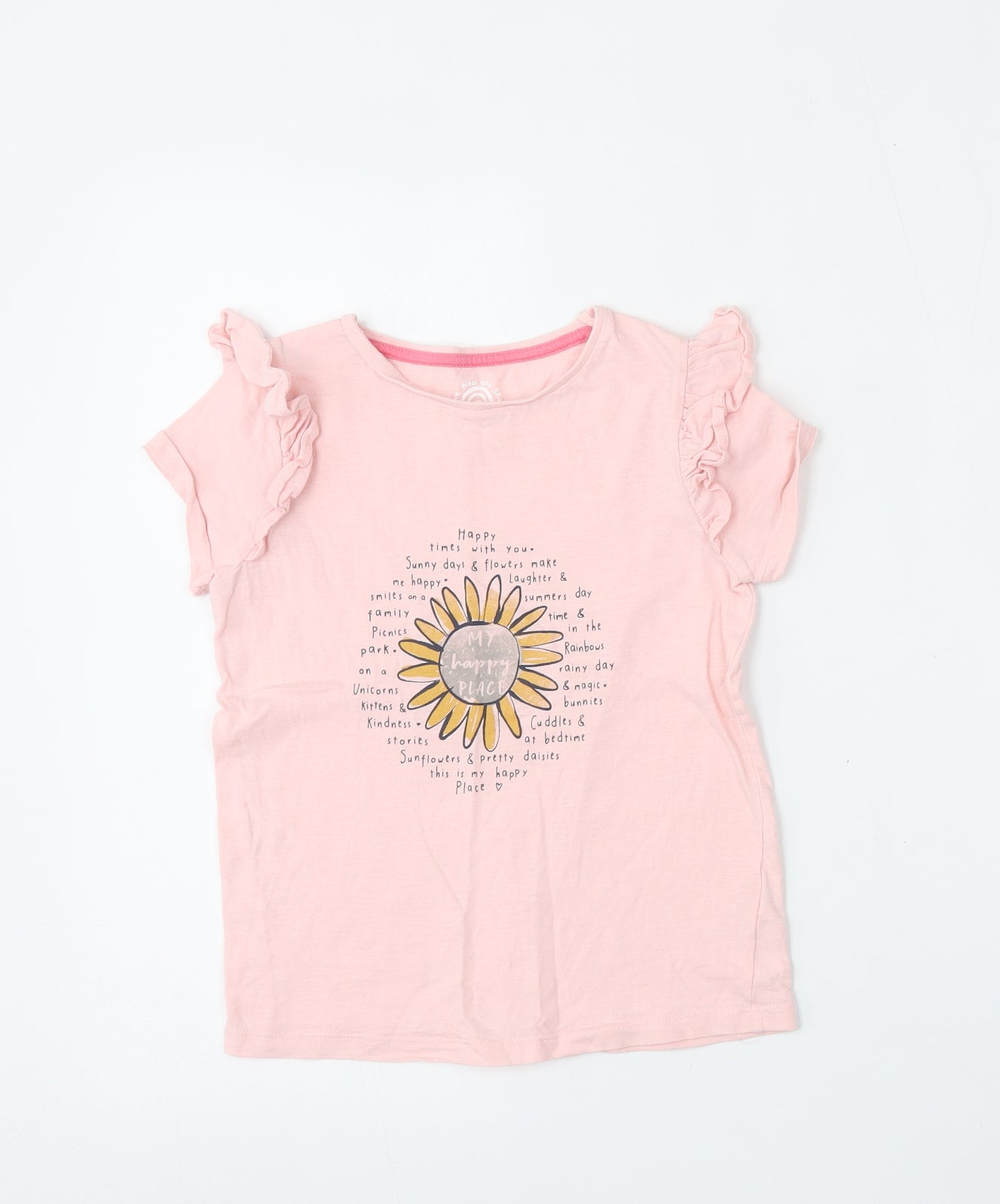 F&F Girls Pink  Cotton Basic T-Shirt Size 6-7 Years Round Neck  - flower detail