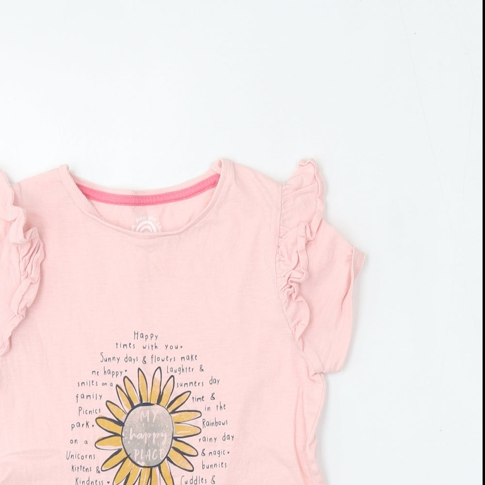 F&F Girls Pink  Cotton Basic T-Shirt Size 6-7 Years Round Neck  - flower detail