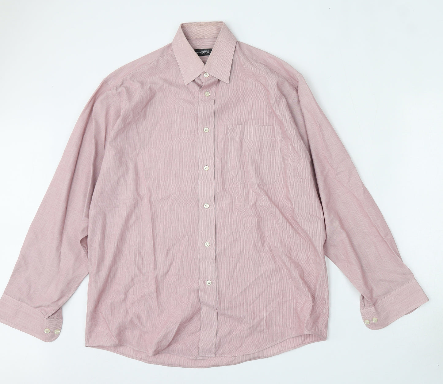 Marks and Spencer Mens Red Striped Polyester  Dress Shirt Size 15.5 Collared Button