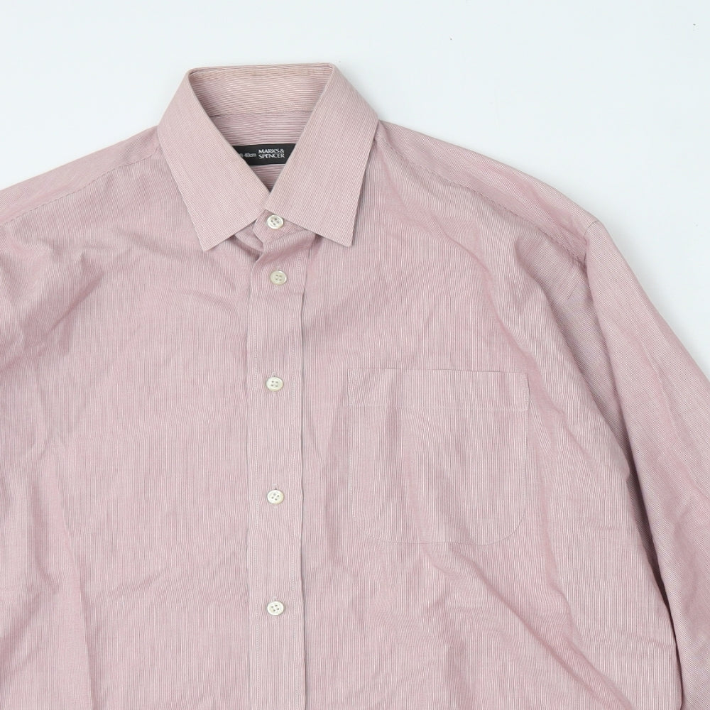 Marks and Spencer Mens Red Striped Polyester  Dress Shirt Size 15.5 Collared Button