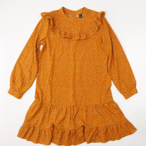SheIn Womens Orange Polka Dot Polyester Trapeze & Swing  Size M  Round Neck Hook & Eye