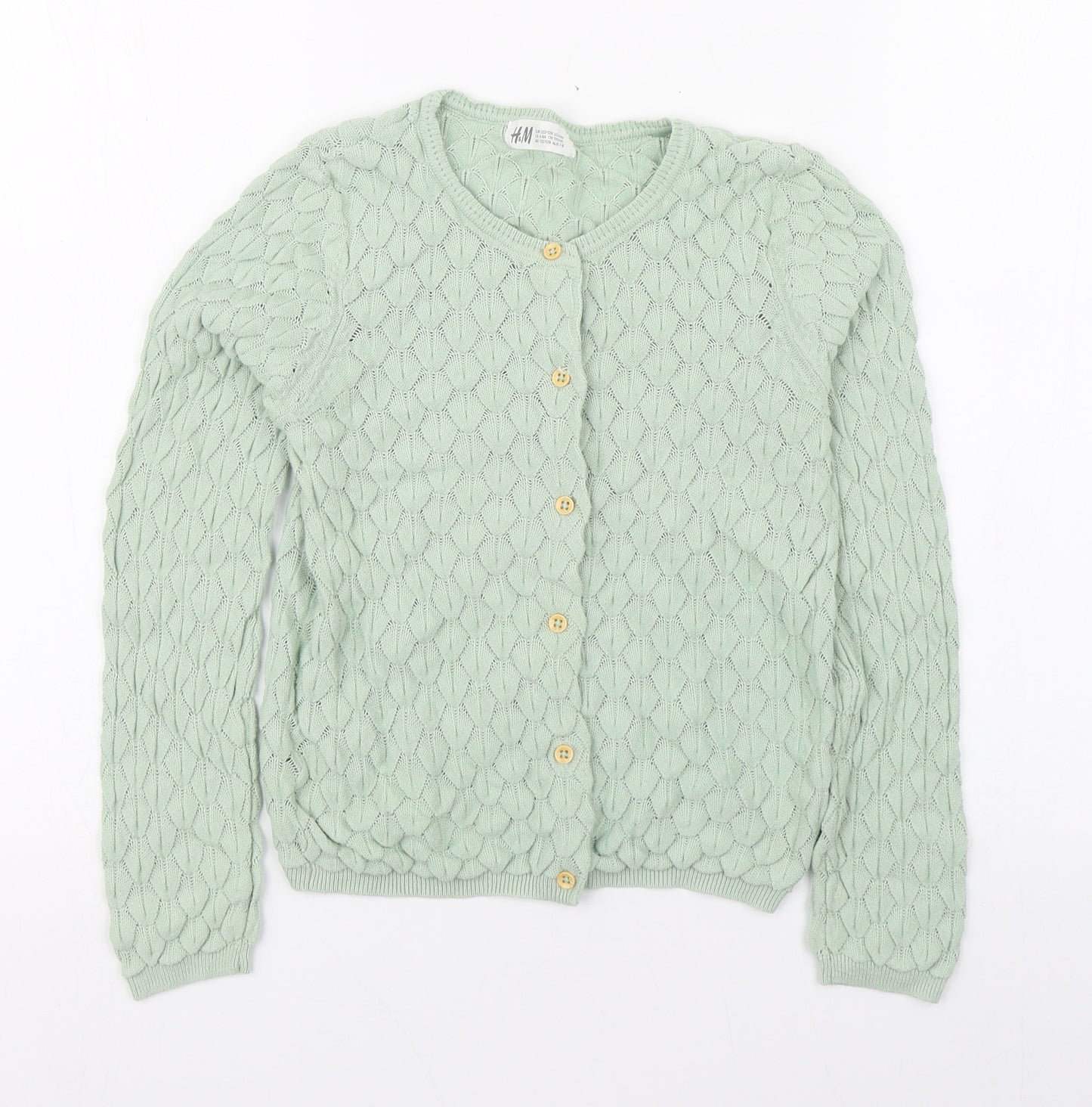 H&M Girls Green Round Neck  Cotton Cardigan Jumper Size 7-8 Years  Button