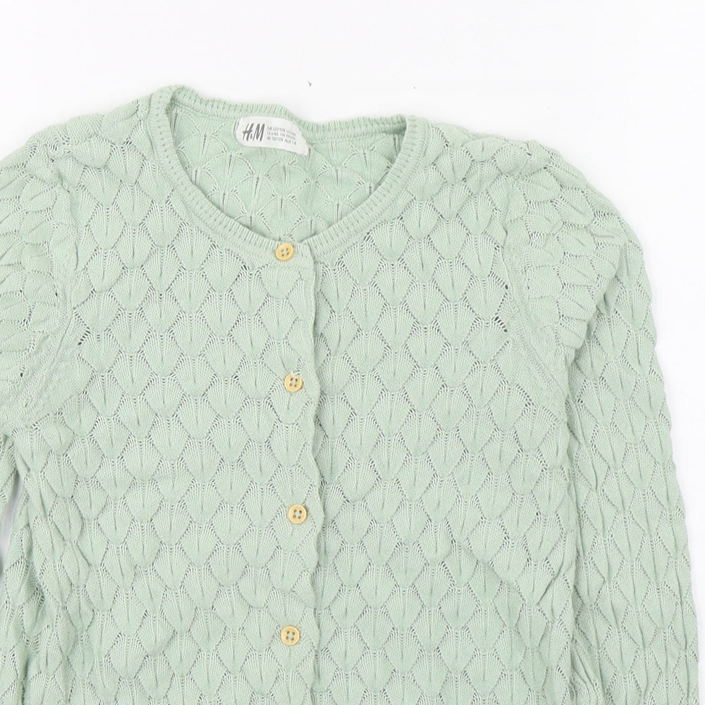 H&M Girls Green Round Neck  Cotton Cardigan Jumper Size 7-8 Years  Button