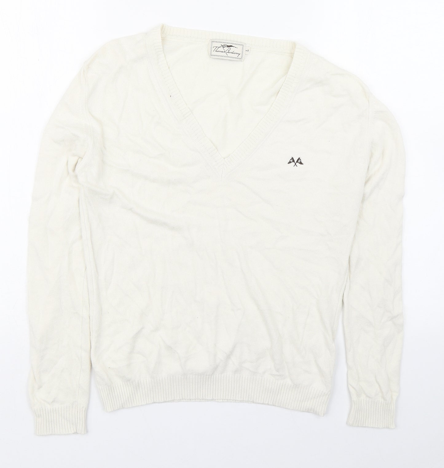 Thomas Burberry Mens Ivory V-Neck  Cotton Pullover Jumper Size L