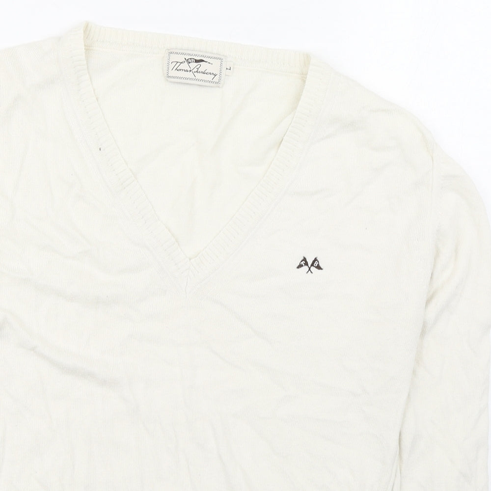 Thomas Burberry Mens Ivory V-Neck  Cotton Pullover Jumper Size L