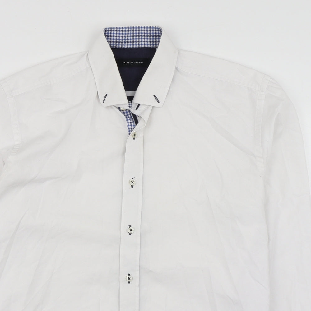 Selected Homme Mens White  Cotton  Dress Shirt Size M Collared Button