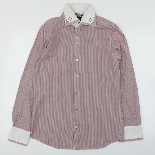 Remus Uomo Mens Red Striped Polyester  Dress Shirt Size M Collared Button
