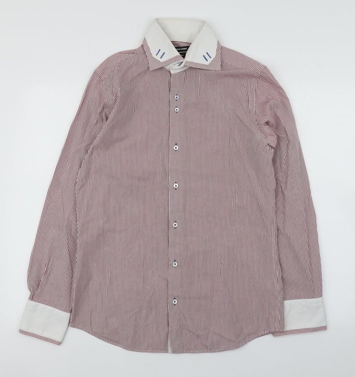 Remus Uomo Mens Red Striped Polyester Dress Shirt Size M Collared Button