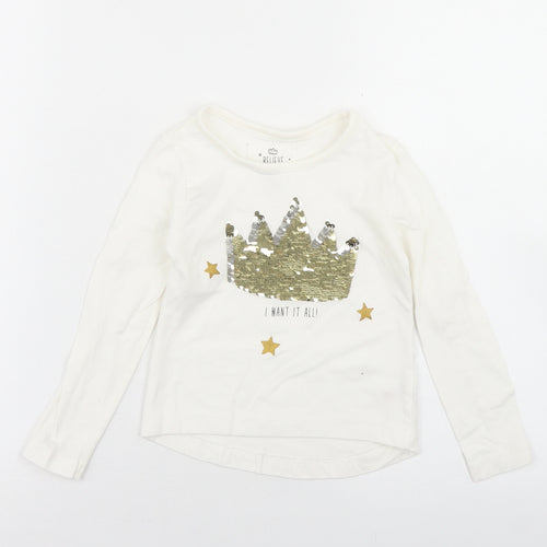 Dunnes Stores Girls Ivory  Cotton Basic T-Shirt Size 3 Years Crew Neck  - Queen