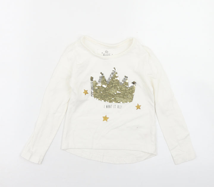 Dunnes Stores Girls Ivory Cotton Basic T-Shirt Size 3 Years Crew Neck - Queen