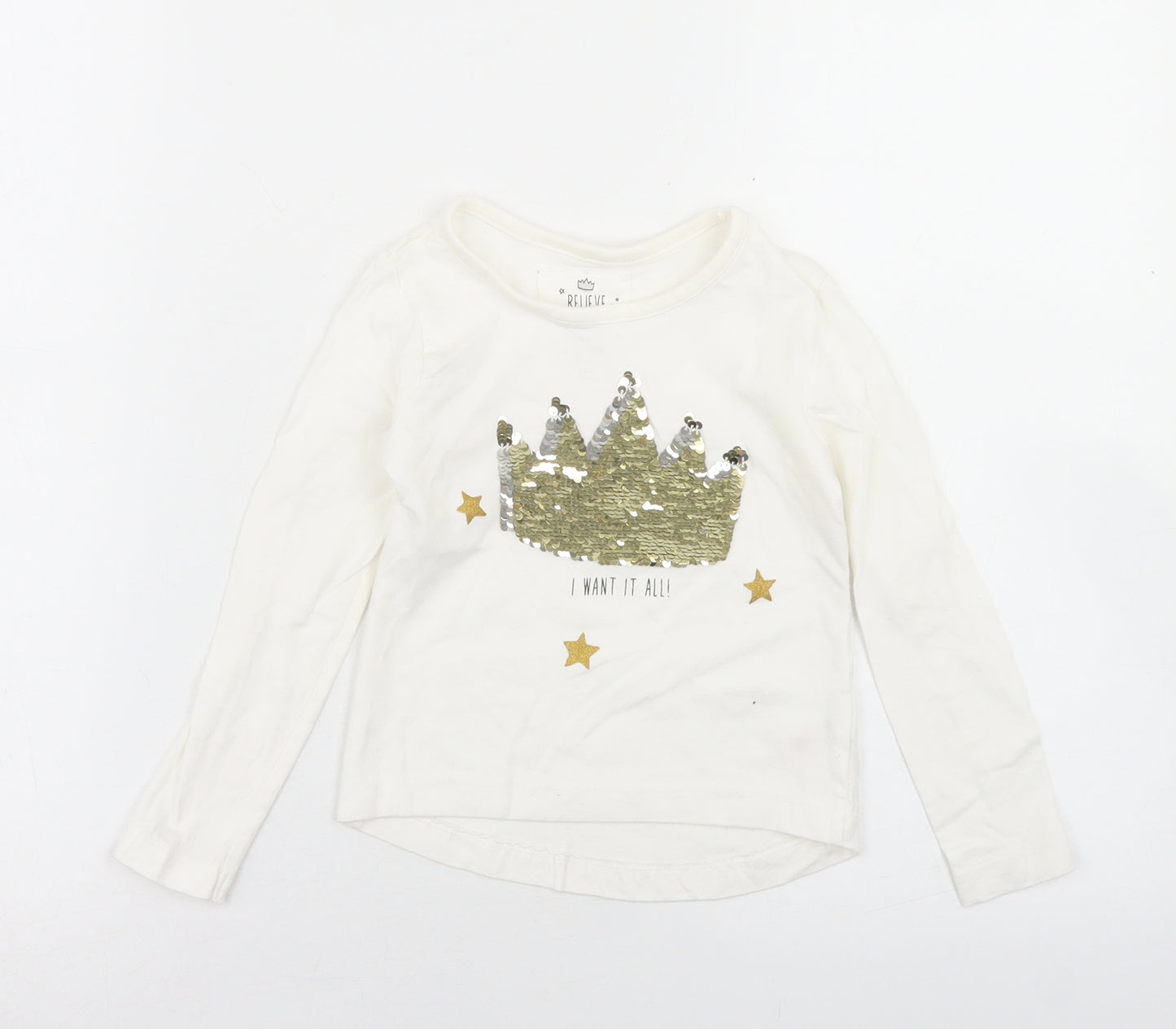 Dunnes Stores Girls Ivory  Cotton Basic T-Shirt Size 3 Years Crew Neck  - Queen