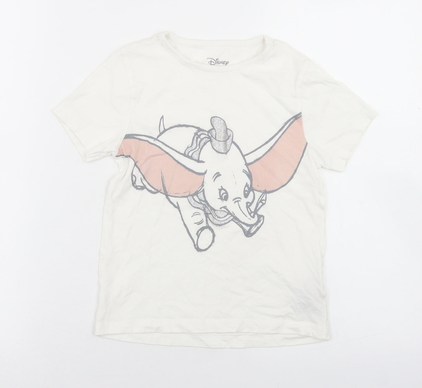 Primark Girls White  Cotton Basic T-Shirt Size 5-6 Years Crew Neck  - Dumbo