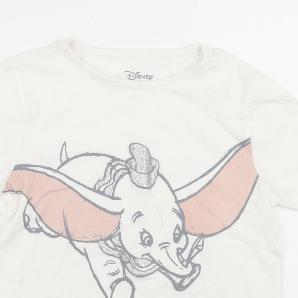 Primark Girls White  Cotton Basic T-Shirt Size 5-6 Years Crew Neck  - Dumbo