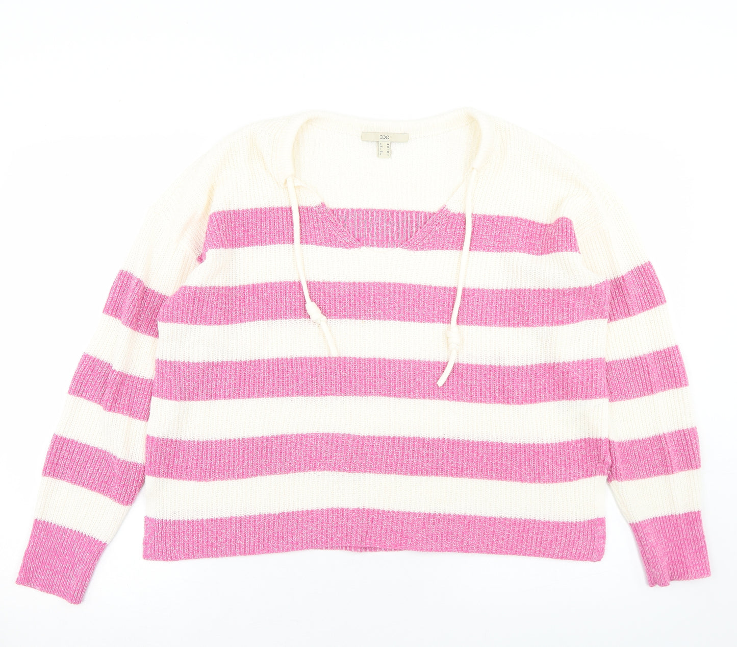 EDC Womens Pink V-Neck Striped Cotton Pullover Jumper Size M