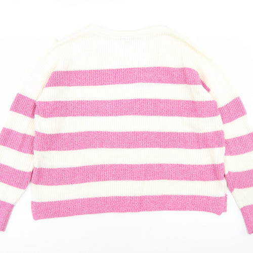 EDC Womens Pink V-Neck Striped Cotton Pullover Jumper Size M