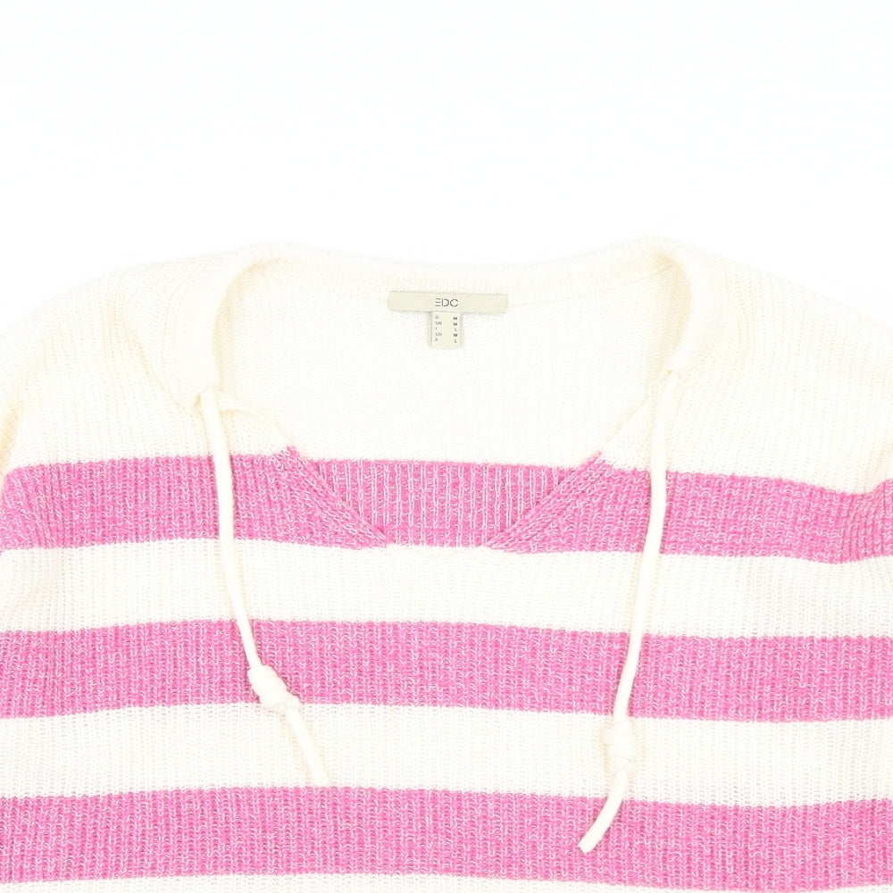 EDC Womens Pink V-Neck Striped Cotton Pullover Jumper Size M