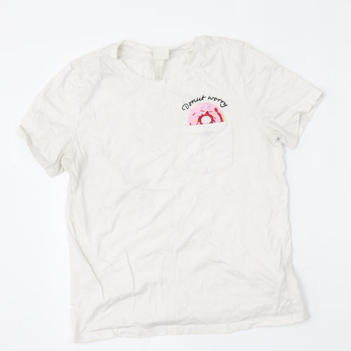 H&M Womens White  Cotton Basic T-Shirt Size S Round Neck - Donut Worry